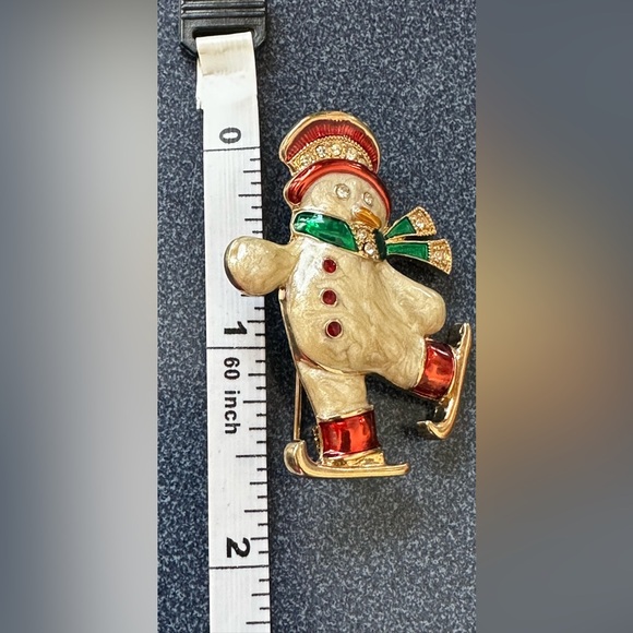 Monet Festive Skating Figures Snowman Brooch with Red Green White & Gold Accents - Picture 6 of 8